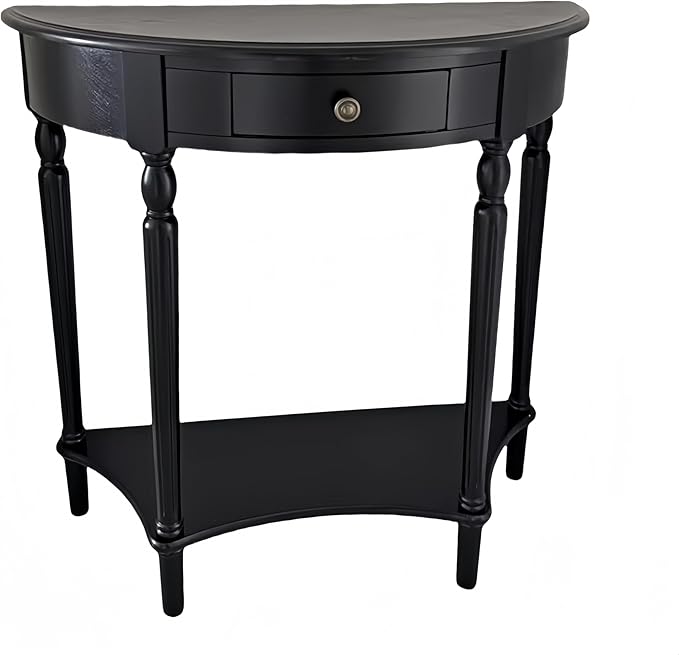 Solid Wood Console Table with Drawer, Semi-Circle Entryway Storage Shelf, Half-Moon Porch Table Side Elegant Vintage Sofa for Living Room (Black (23.6" L x 11.8" W x 31.5" H))