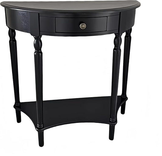 Solid Wood Console Table with Drawer, Semi-Circle Entryway Storage Shelf, Half-Moon Porch Table Side Elegant Vintage Sofa for Living Room (Black (23.6" L x 11.8" W x 31.5" H))