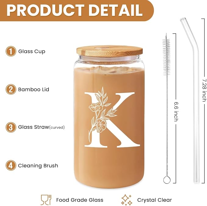 SANDJEST Monogrammed Gifts for Women - Monogram K Initial Glass Cup 16 Oz Can Coffee Cups with Lid and Straw - Monogram Initials Gifts for Womens on Birthday