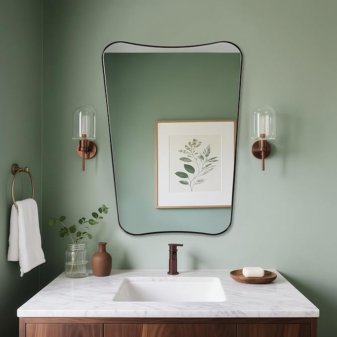 ANDY STAR Brushed Bronze Asymmetrical Mirror, 24"x32" Bathroom Mirror for Wall with Premium Stainless Steel Thin Frame, Italian Curved Mirror Decorative for Bathroom, Powder Room, Entryway