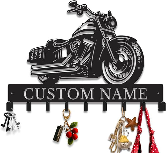 Personalized Motorcycle Metal Key Holder, Custom Last Name Metal Wall Sign, Hanging Storage Rack for Garage and Home Decor (Style-1)