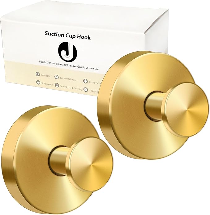Gold Suction Cup Hooks for Shower, Heavy Duty Wreaths Hangers for Glass Door Window, Bathroom Towel Robe Suction Cup Hook, No Drill Holder on Smooth Wall, Mirror, Tile for Home (2, Gold)