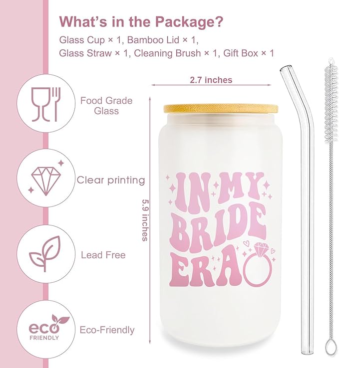 Bachelorette Gifts for Bride, Bridal Shower Gifts, Bride to Be Gifts, Bride Gifts 16oz Glass Cup with Lid and Straw, in My Bride Era, Gifts for Bride Wedding, Future Mrs Wifey Gifts