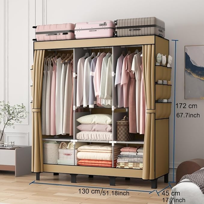 Portable Wardrobe, Clothes Organizer, Easy Hanger Wardrobe, Multiple Dividers and 3 Drawers, 6 Side Pockets Large Capacity (Black)