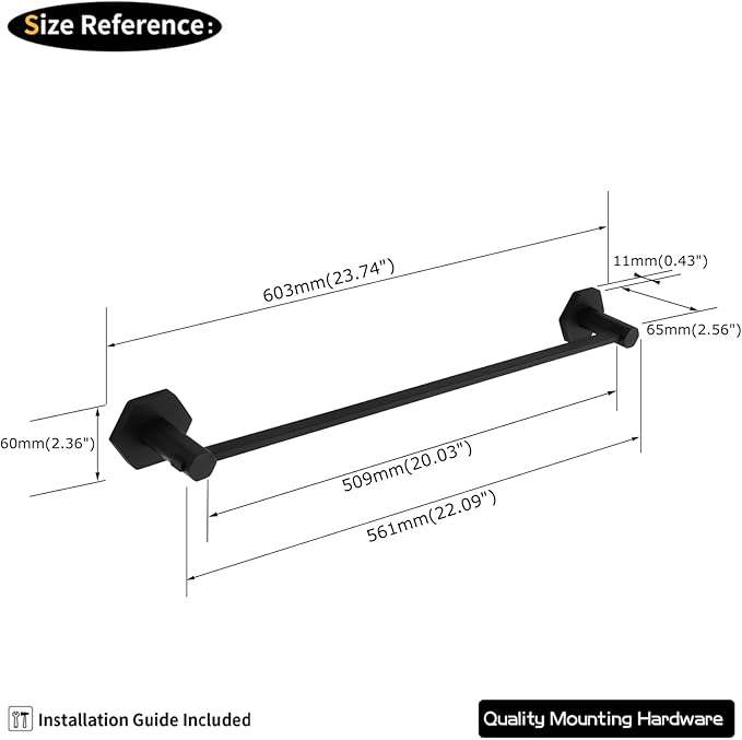 GERZWY 24-Inch Single Towel Bar, Bathroom Towel Holder, Wall Mounted SUS304 Stainless Steel Towel Rack, Matte Black