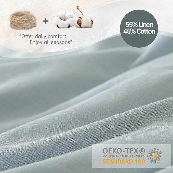 Simple&Opulence French Linen Duvet Cover Set 104"x 98"- 3 Pieces (1 Comforter Cover,2 Pillowcases)-Natural Flax Cotton Blend-Solid Color Breathable Farmhouse Bedding-Dusty Blue,California King
