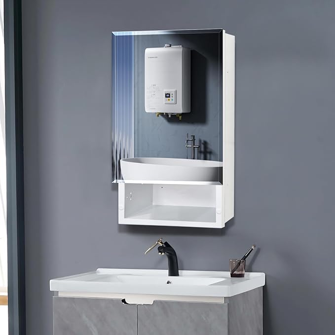 Bathroom Medicine Cabinet with Mirror, 16x26 Inch Platstic Framed Beveled Edge Mirror Cabinet with Removable Shelves, Extra Storage Space, Recessed or Surface Mount