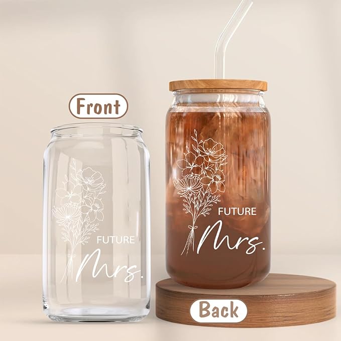 Engagement Gifts for Women, Bride To Be Gifts - Future Mrs Cup 16oz Glass Cup with Lid and Straw