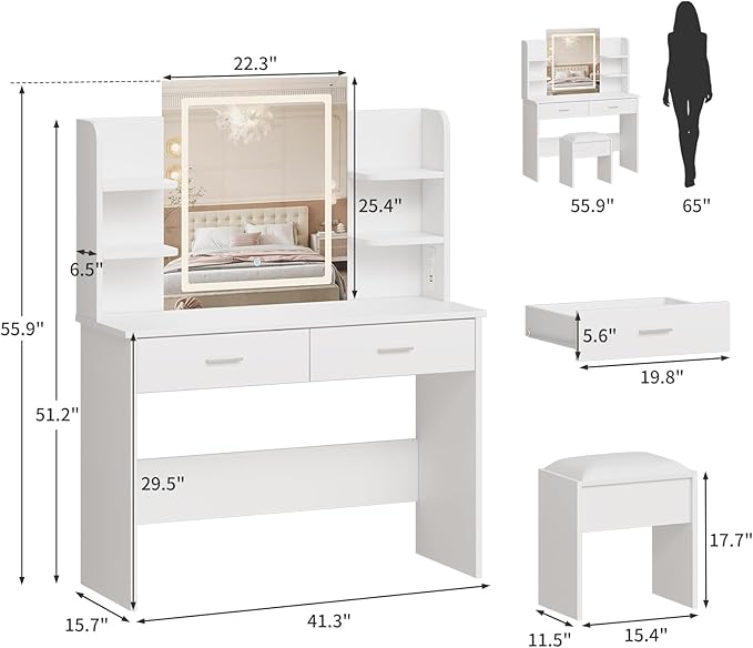 GAOMON Makeup Vanity Desk with Lights and Mirror, Vanity Table with 3 Lighting Modes, Storage Drawer, Shelves, Charging Station and Included Stool for Bedroom, White