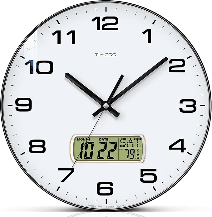 Wall Clock, 12" Dial Non-Ticking Silent Battery Operated Analog with LCD Display for Perpetual Calendar and F° Temperature, Ideal Modern Home, Bedroom, Kitchen, Office Decor (Black)