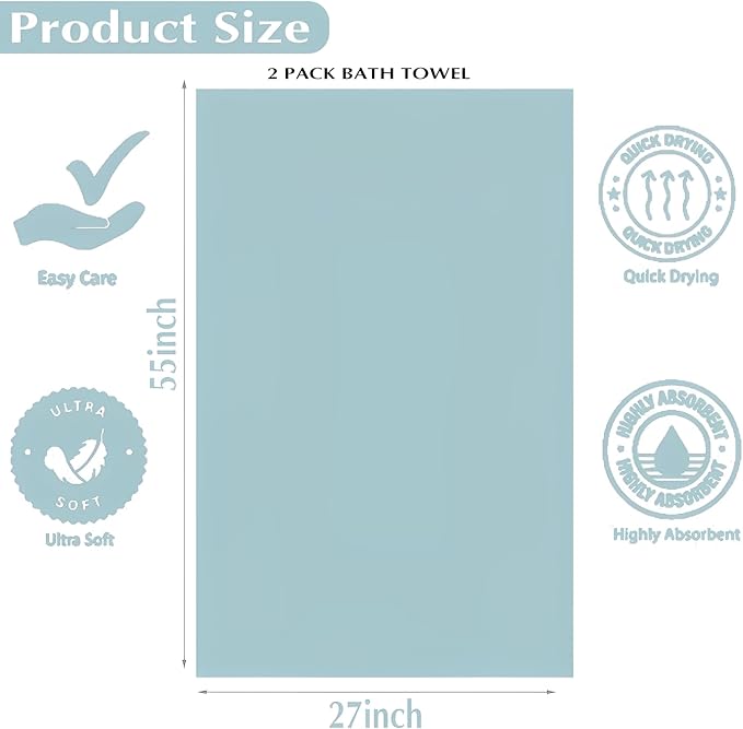 2-Pack Microfiber Bath Towels (27x54 Inches) - Ultra Soft & Quick Dry, 3X Absorbency, Lightweight for Gym, Yoga, Travel & Spa - Perfect for Home, Fitness & Post-Workou