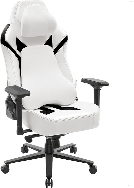 Ergonomic Gaming Chair, Wyrdforging Computer Desk Chairs, 4D Armrests, High Back Office Chair With Headrest & Lumbar Pillow, Tilt Rocker Recliner, Heavy-Duty Base, White PU Leather & Black Suede Combo