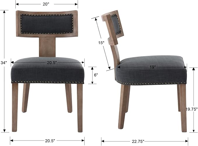 Mid Century Modern Dining Chairs Set of 2 Linen Fabric Upholstered Kitchen Side Chairs with Nailhead Trim, Modern Kitchen Armless Solid Wood Dining Chairs, Charcoal