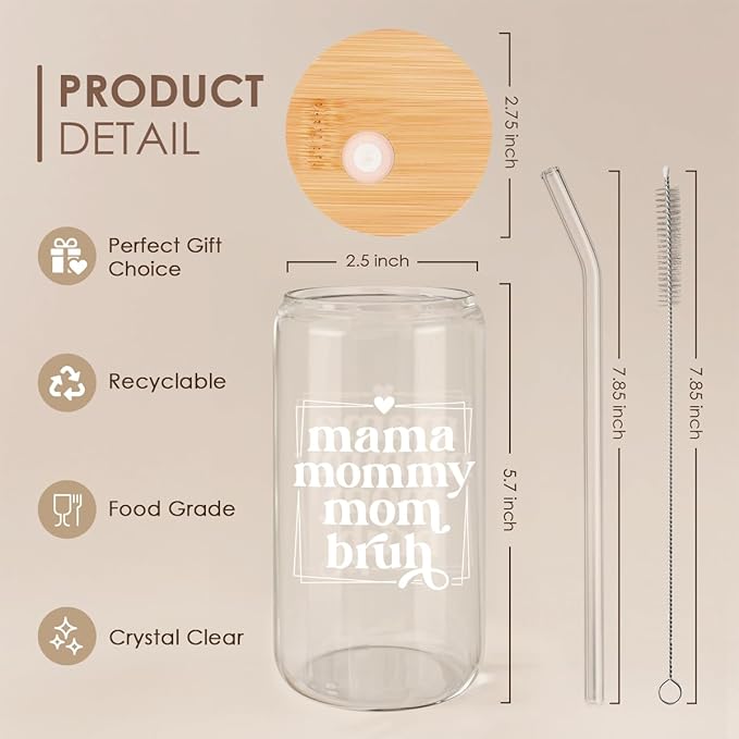 SANDJEST Mother Glass Can, Mama Mommy Mom Bruh Cup with Lid & Straw, Iced Coffee Aesthetic Cups, Idea Gift for Christmas Birthday Mother Day, Gifts for Women, 16oz