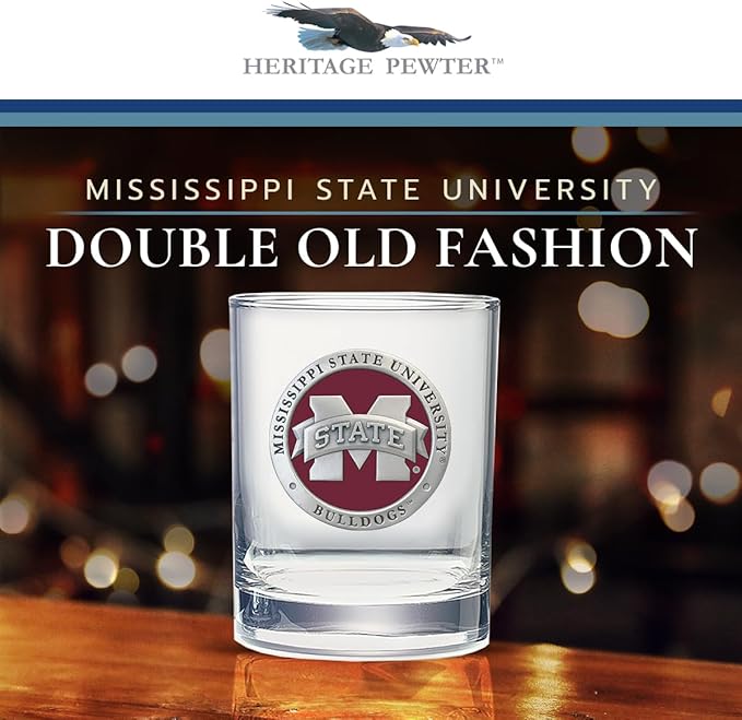 Heritage Pewter Mississippi State University Bulldogs Double Old Fashion | Double Rocks Glass 14 OZ for Liquor | Expertly Crafted Pewter Glass