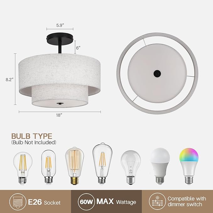 18 Inch Large Semi Flush Mount Ceiling Light Fixture with Dual Drum Design, Farmhouse Fabric Linen Shade for Bedroom, Living Room, Kitchen, and Dining - Modern Chandelier Lamp