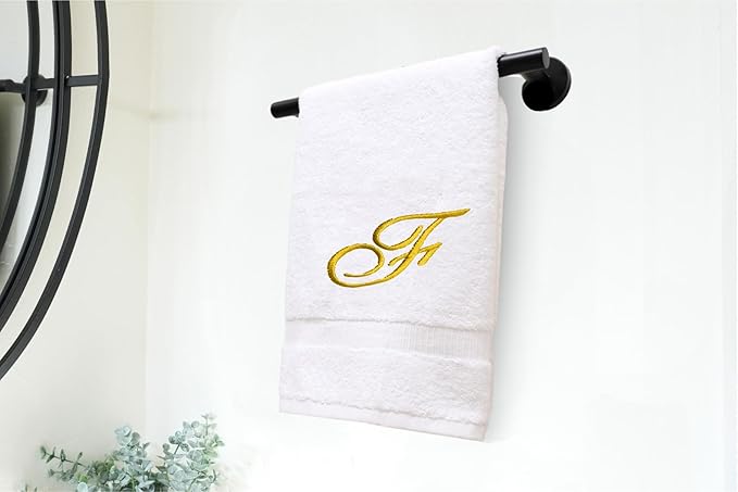 White Monogrammed Hand Towels for Bathroom - Luxury Hotel Quality Personalized Initial Embroidered Towel for Powder Room, Spa - GOTS Organic Certified - Set of 2 Gold Letter F