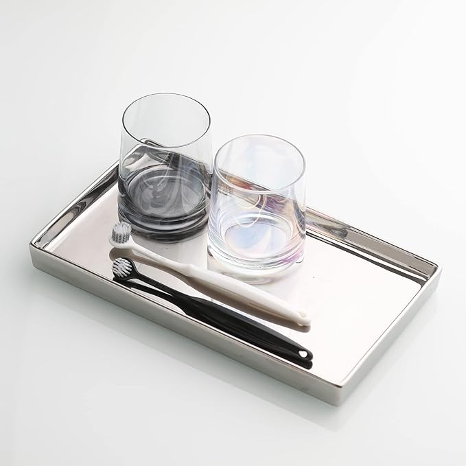 Ceramic Trinket Tray Rectangte Vanity Jewelry Organizer Makeup Mirror Tray Silvery Medium