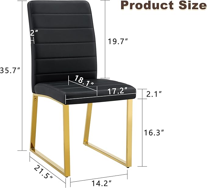 Modern Dining Chairs Set of 6, White Faux Leather Kitchen Chairs, Upholstered Armless Dining Room Chair with Gold Mental Legs Heavy Duty, Comfortable (Black and Gold, Set of 6)