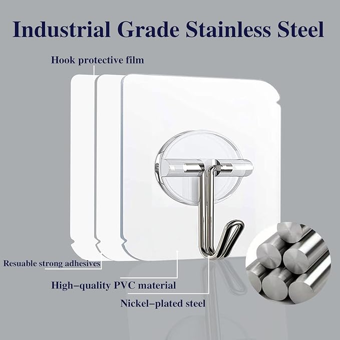 100 Pack Adhesive Hooks Wall Hooks 24lb(Max) Heavy Duty Self Adhesive Hooks,Transparent Reusable Adhesive Wall Hooks for Hanging for Kitchens, Bathroom, Office