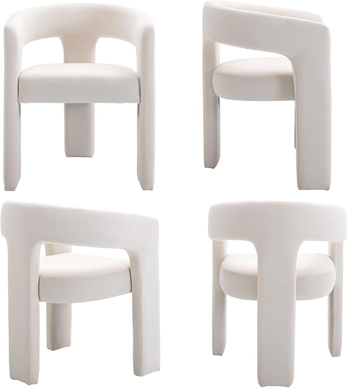 Set of 6 Modern Velvet Fabric Upholstered Dining Chairs with Open-Back, Cute Barrel Side Chairs Kitchen Armchair Accent Chairs for Dining Room Bedroom, Ivory