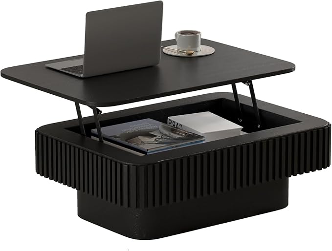 Lift Top Coffee Table for Living Room,Rectangle Handmade Solid Wood Strips, Fluted Coffee Table with Hidden Storage Compartment for Small Space Office Apartment (38.6"L×26.8''W×13.8''H-Black)