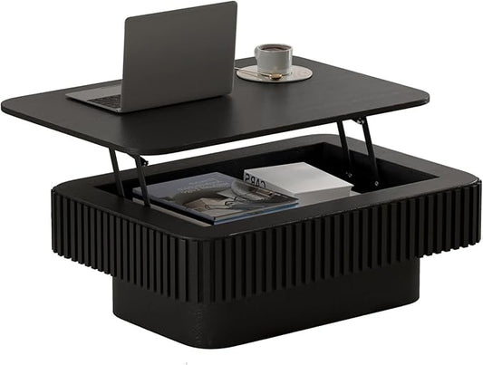 Lift Top Coffee Table for Living Room,Rectangle Handmade Solid Wood Strips, Fluted Coffee Table with Hidden Storage Compartment for Small Space Office Apartment (38.6"L×26.8''W×13.8''H-Black)