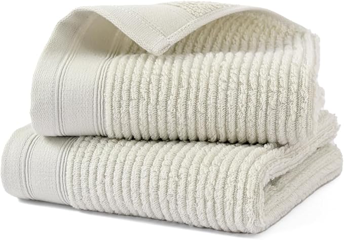YiLUOMO White Hand Towel Set of 2 Soft Ribbed Striped Pattern 100% Cotton Absorbent Decorative Towel for Bathroom 13 x 29 Inch