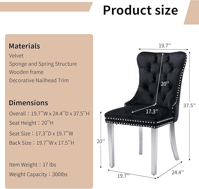 Luxury Upholstered Dining Chairs Set of 8, Black Kitchen Chair with Silver Metal Legs, Velvet Tufted Back Dining Chair, Sillas de Comedor, Modern Kitchen & Dining Room Chairs (Black, 8 Pcs)