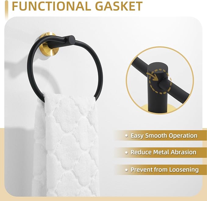 Angle Simple Towel Ring Swivel, Stainless Steel Bathroom Hand Towel Holder Rack Hanger for Wall, Black and Gold