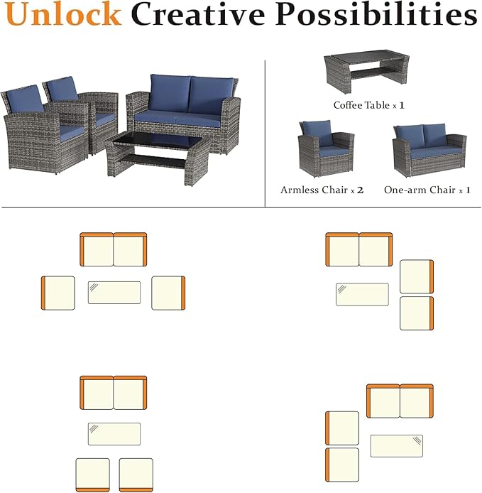 Solaste 4 Piece Outdoor Patio Furniture Set, Outdoor Sectional Sofa with Tempered Glass Coffee Table and Cushions, Wicker Rattan Patio Set for Backyard, Front Porch, Balcony, Navy