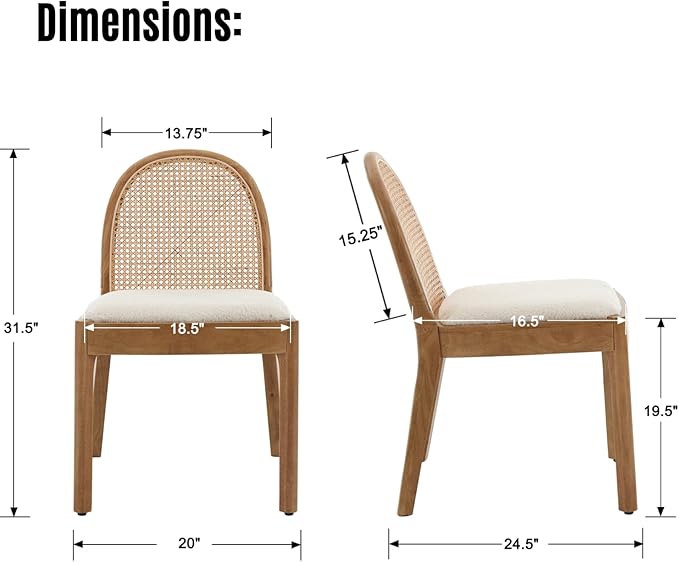 LukeAlon Modern Sherpa Dining Chairs Set of 6, Natural Woven Rattan Cane Back Side Chairs with Solid Wood Legs Mid Century Dinner Chairs for Kitchen Living Room, White