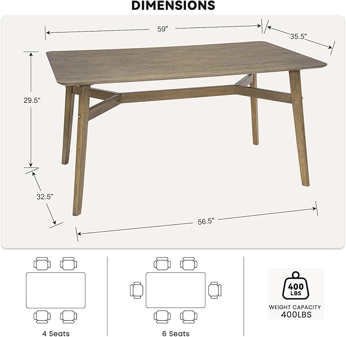 VESCASA 5-Piece Dining Set, 59" L Smokey Taupe Rectangle Wood Dining Table with 4 Curved Back Light Brown Chenille Grey Wood Dining Chairs for Dining Room, Kitchen, Restaurant, Dining Set for 4