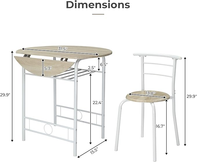 VINGLI 31.5" Drop Leaf Dining Table 3 Pieces for Small Space,Small Kitchen Table Set for 2,Round Folding Table with 2 Chairs for Home,Kitchen,Apartment,White&Oak
