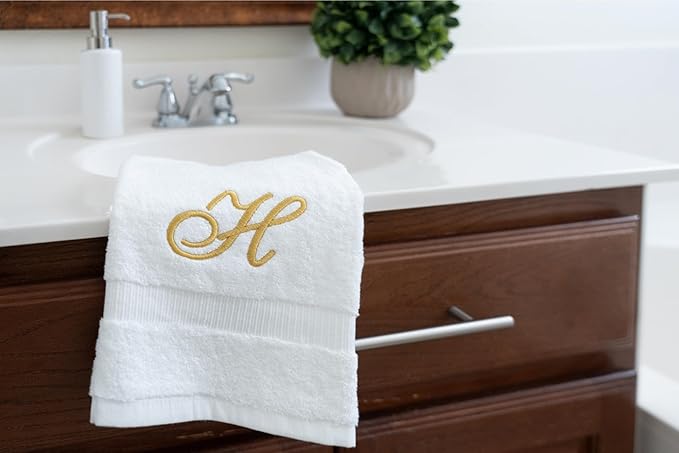 White Monogrammed Hand Towels for Bathroom - Luxury Hotel Quality Personalized Initial Embroidered Towel for Powder Room, Spa - GOTS Organic Certified - Pack of 2 Gold, Letter H