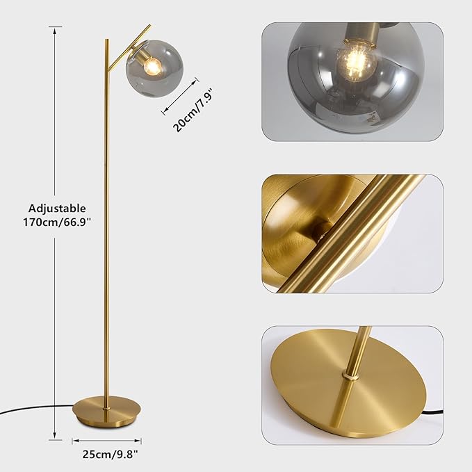 Farmhouse Floor Lamp Retro Smoky Gray Glass Standing Tall Lamps Vintage Brass Freestanding Floor Lamps Adjustable Globe Floor Lamp for Office Bedroom