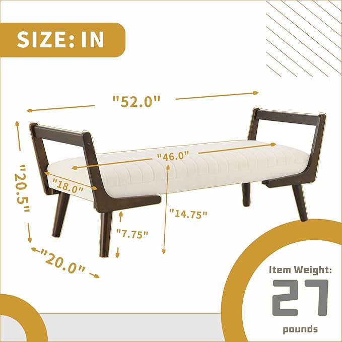 52“ Upholstered Bench for End of Bed, Mid-Century Modern Bedroom Ottoman with Soft Chenille Fabric & Walnut Wood Legs, for Living Room, Entryway (Beige)