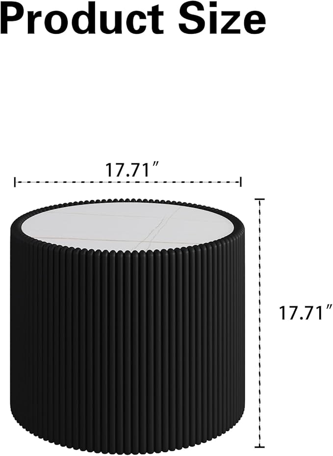 Black Round Coffee Table with Sintered Stone Tabletop, 17.71" Drum Coffee Table with Fluted PU Leather Covered and Stable Base, Circle Cocktail Tea Table for Living Room
