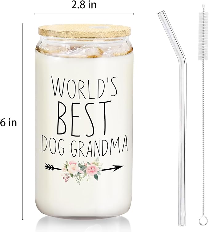 World's Best Dog Grandma Glass Cup with Lids and Straws 14oz, Grandma Gifts for Mother's Day Birthday, Grandmother Gifts Glass Coffee Tumbler Drinking Jars with Cleaning Brush