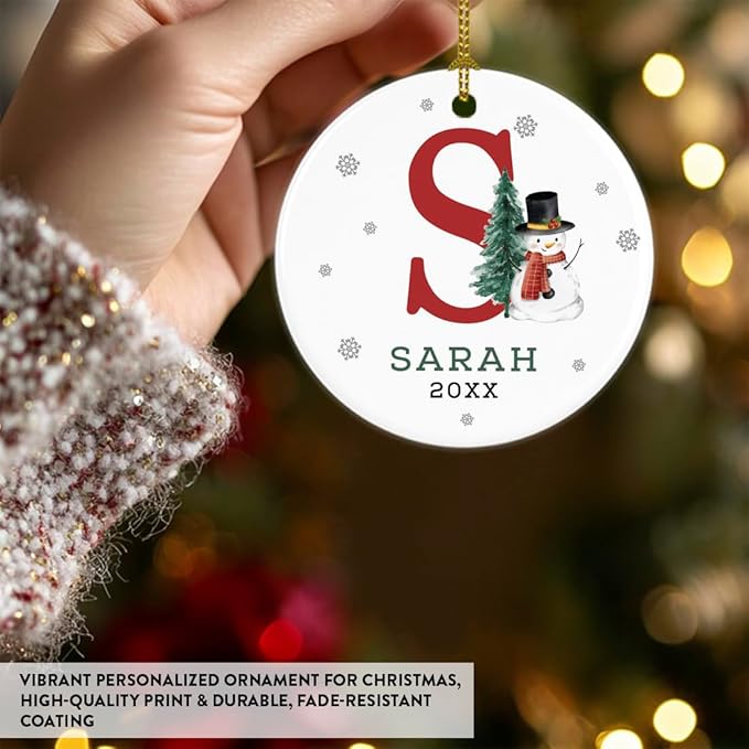 Andaz Press Personalized Ornament, Custom Name, Initial S Monogram Snowman 2.8" Ceramic Porcelain 2025 Christmas Ornament Keepsake for Kids, Boys, Girls, Includes Gold Ribbon & Gift Box, 1-Pack