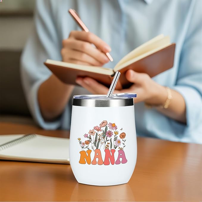 Nana Grandma Birthday Gifts Wine Tumbler 12 oz Insulated Wine Glass Cup with Lid Straw Vacuum Insulated Travel Cup,Grandma Gifts from Granddaughter for Women Grandmother Christmas Mothers Day