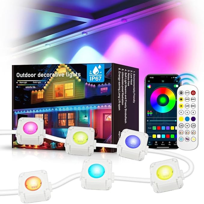 GAINTLUMI Permanent Outdoor Light,50ft with 30 LED Eaves Lights,Smart RGB Outdoor Lights with 75 Scene Modes,IP67 Waterproof,for Halloween Decorations,Christmas,Holiday,Party,with App and Remote