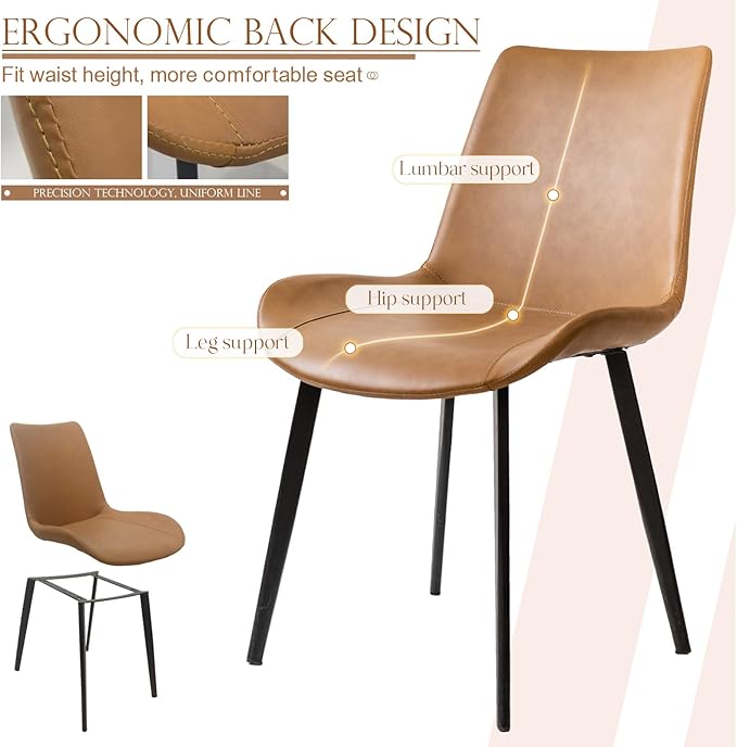 Dining Chairs, Modern PU Leather Dining Room Chair with Sturdy Metal Legs, Upholstered Seat Dinner Chairs Accent Side Chairs for Indoor Kitchen Living Room (Brown, Set of 2)