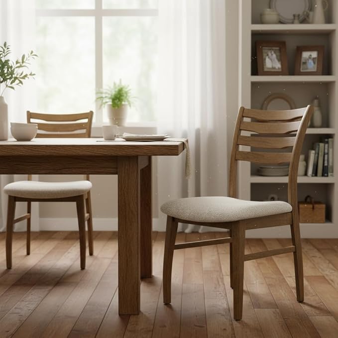 DUOMAY Farmhouse Dining Chairs Set of 2, Fur Beige Upholstered Side Chairs Solid Wood Ladder Back Kitchen Chairs for Home Dining Room, Browm Frame