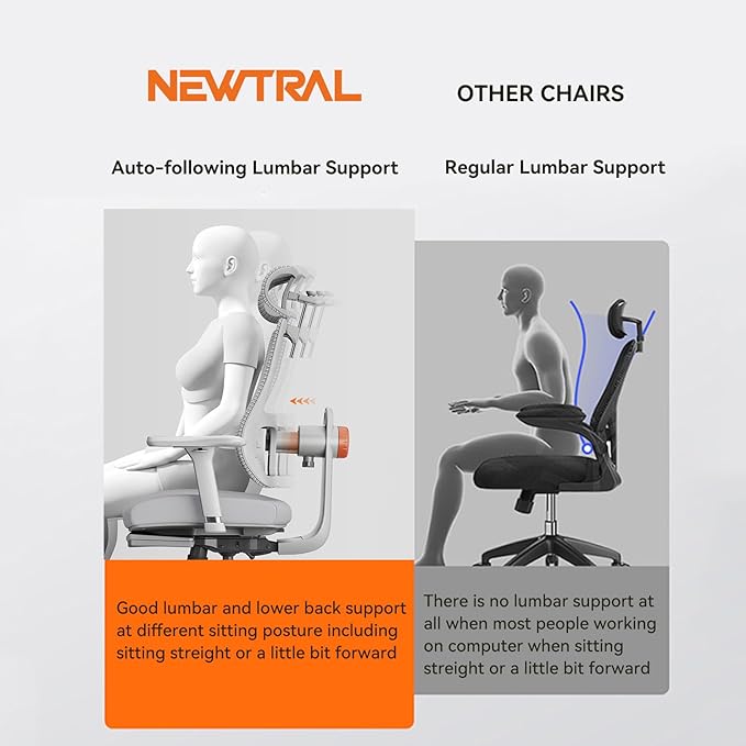 Newtral Ergonomic Office Chair - Home Office Desk Chair with Footrest, with Auto-Following Lumbar Support, 4D Armrest, Adjustable Seat Depth & Height