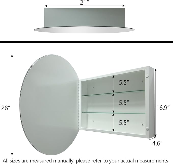Round Bathroom Medicine Cabinet, 28 Inches Frameless Circle Mirrored Cabinet Wall Mounted Cabinet with Surface Mount Installation