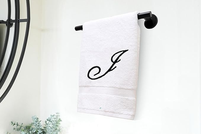 White Monogrammed Hand Towels for Bathroom - Luxury Hotel Quality Personalized Initial Embroidered Towel for Powder Room, Spa - GOTS Organic Certified - Set of 2 Black Letter J