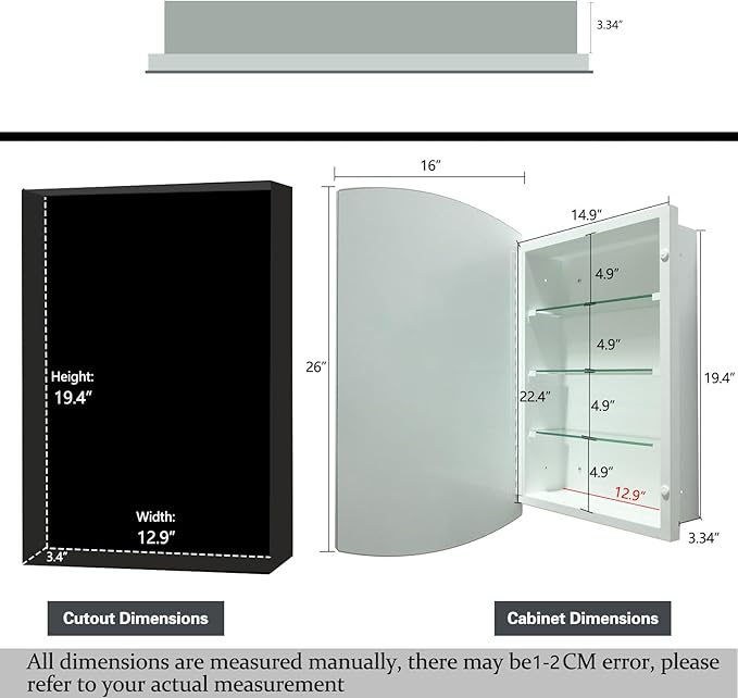 16x26 Inch Medicine Cabinet with Mirror, Arched Metal Frameless Wall Cabinet with Mirror, Surface Mount or Recessed Medicine Cabinet for Bathroom,Bathroom Mirror with Storage