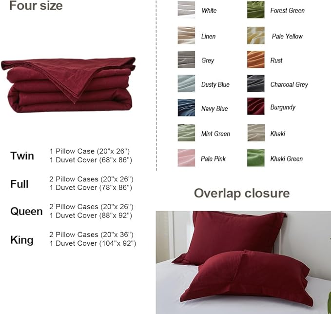 Simple&Opulence French Linen Duvet Cover Set 68" x 86"- 2 Pieces (1 Comforter Cover,1 Pillowcase)- Natural Flax Cotton Blend-Solid Color Breathable Farmhouse Bedding-Burgundy, Twin