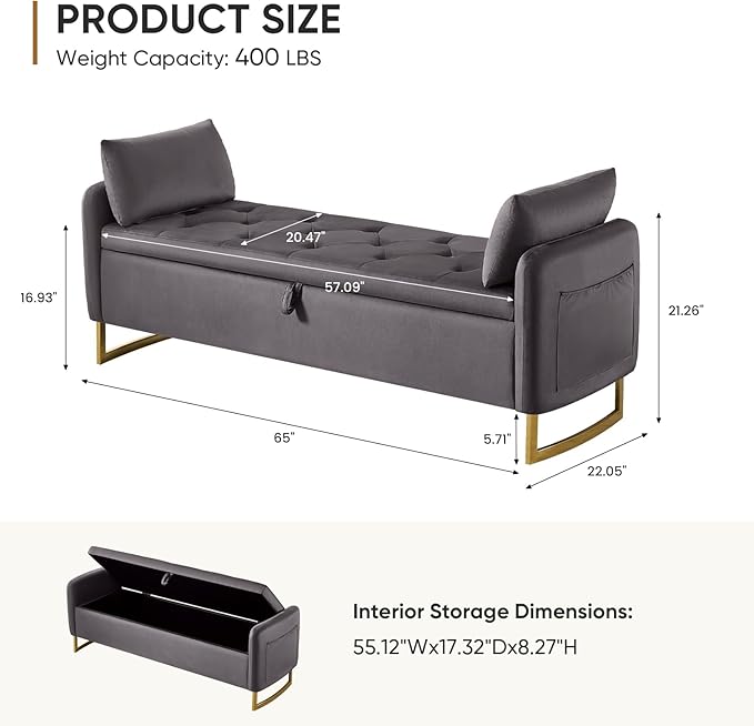 65" Storage Ottoman Bench, End of Bed Storage Bench King Size with Tufted Button Upholstered and Gold Legs, Bedroom Benches with Armrests for Living Room Window and Entryway, Dark Grey